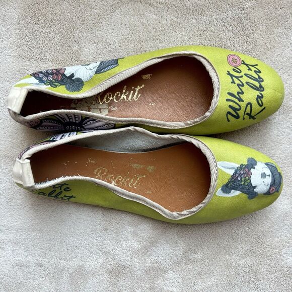 Rockit “White Rabbit” Green Printed Leather Ballet Flat Shoes Women EU 38 US 7.5 - Picture 8 of 16